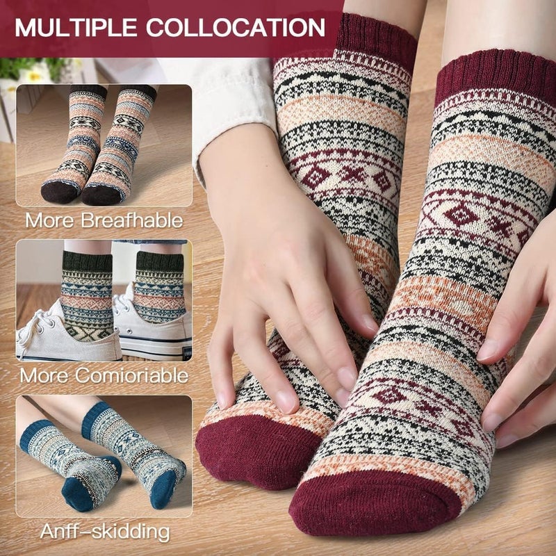 Lisacool 5 Pairs Womens Wool Socks - Winter Warm Socks - Thick Thermal Knit Vintage Cozy Crew Soft Gifts for Women - Image 4